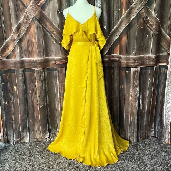 Lulus Moriah Mustard Yellow Satin Wrap Maxi Dress NWT Skinny Straps SZ Small - Picture 2 of 9